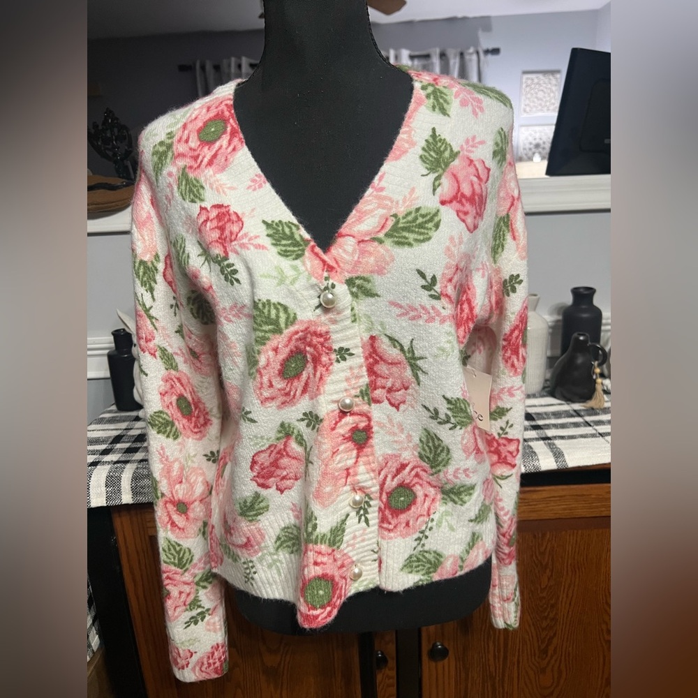 CeCe Cream Cardigan with Pink Floral Print and Green Leaves